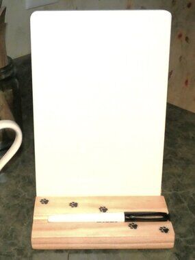 Ceramic Whiteboard with Wood Stand, Dry Erase Kitchen Message Center, Paw Prints